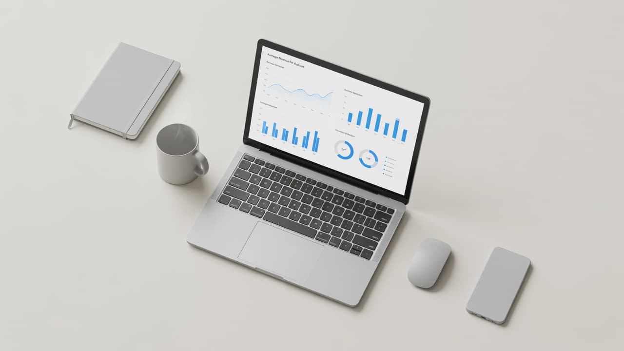 A top-down view of a sleek desk displays a laptop screen showing digital charts and performance metrics. Blue accents highlight specific data trends within a clean, neutral professional workspace setup.