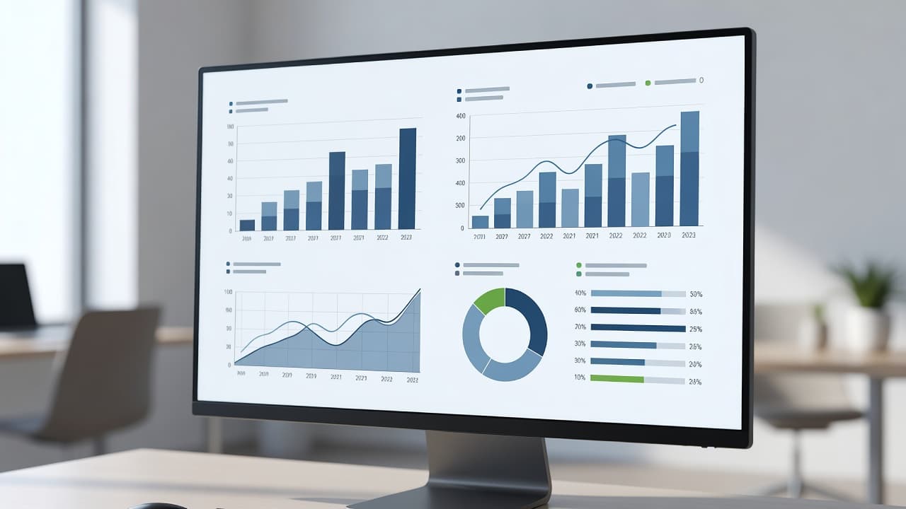 A bright office setting showcases a computer monitor displaying clear revenue charts and abstract financial metrics. The clean interface uses soft colors and sharp shapes to highlight key business performance data.