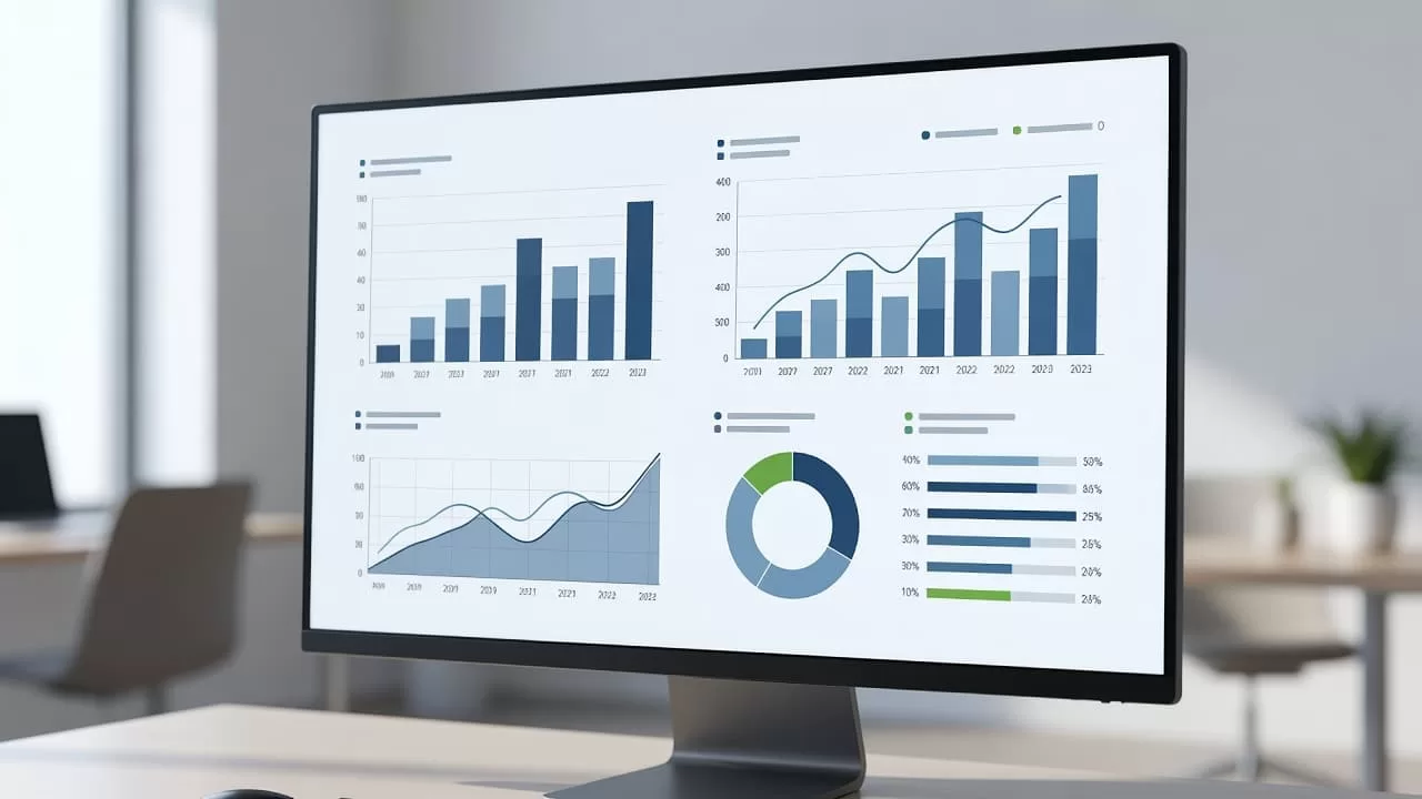 A bright office setting showcases a computer monitor displaying clear revenue charts and abstract financial metrics. The clean interface uses soft colors and sharp shapes to highlight key business performance data.