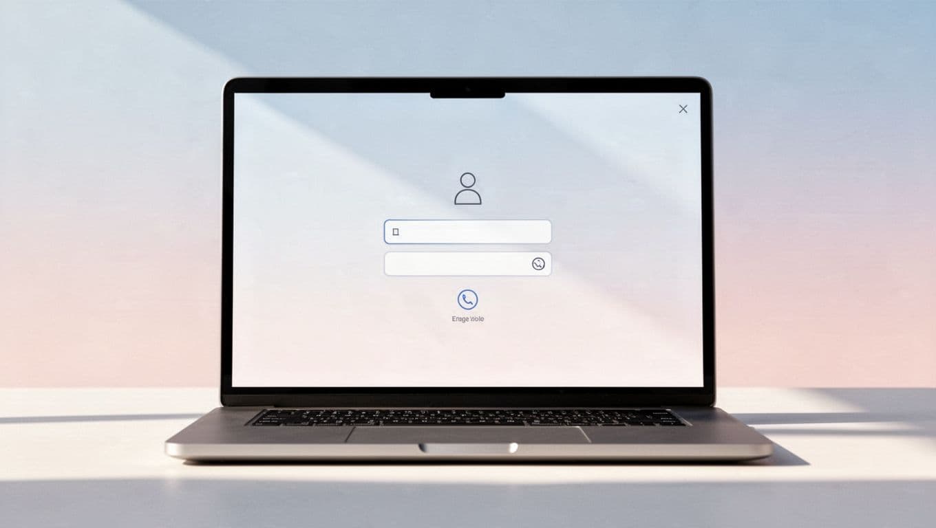 A flat-design illustration shows a laptop centered against a soft, muted background. The screen displays a clean, elegant login interface with simple geometric input fields and a prominent button.