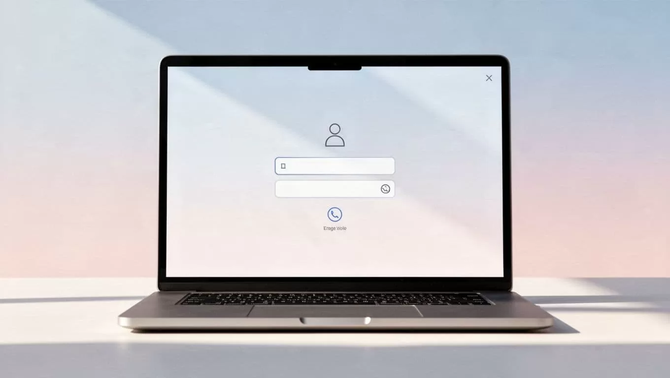 A flat-design illustration shows a laptop centered against a soft, muted background. The screen displays a clean, elegant login interface with simple geometric input fields and a prominent button.