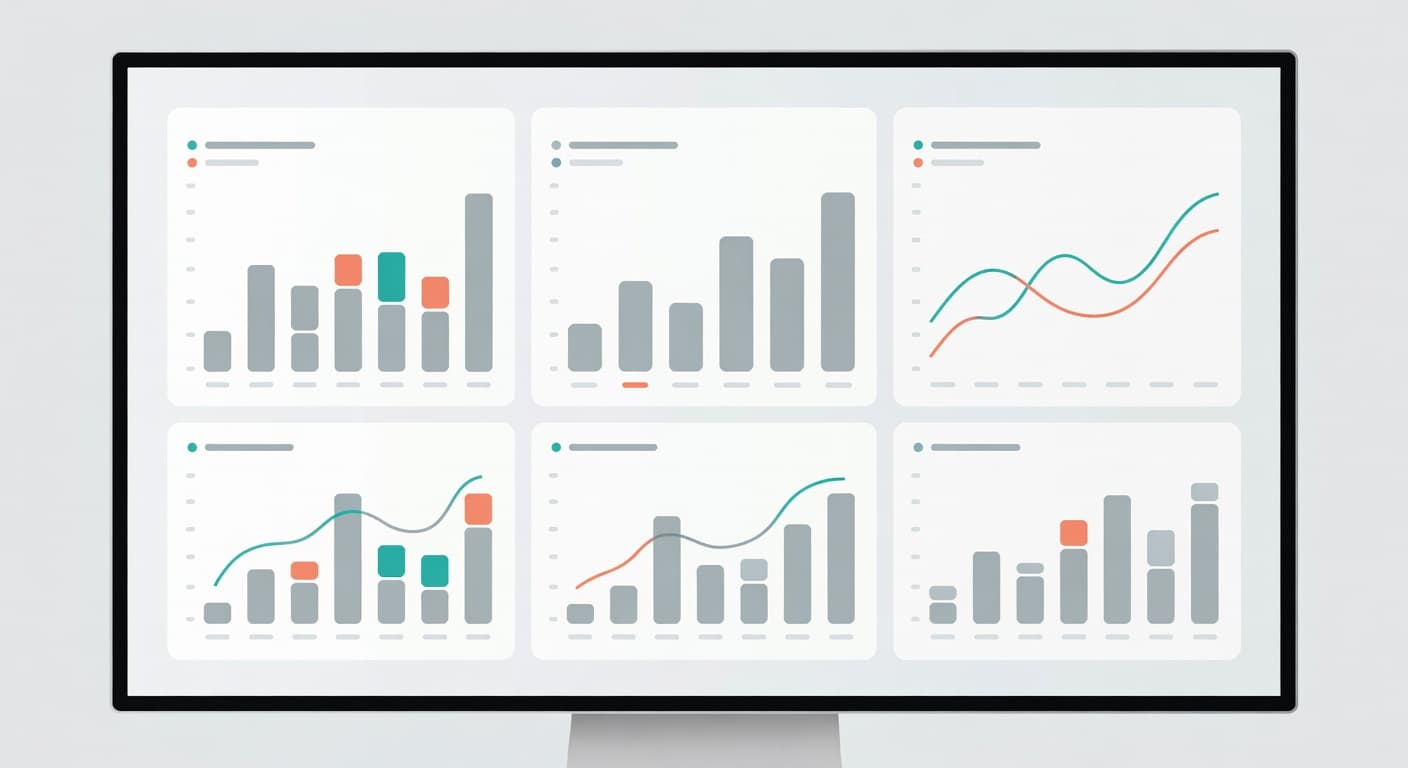 A sleek digital interface displays abstract line graphs and bar charts against a neutral backdrop. Soft blue and green data points highlight key performance metrics within the professional SaaS software layout.