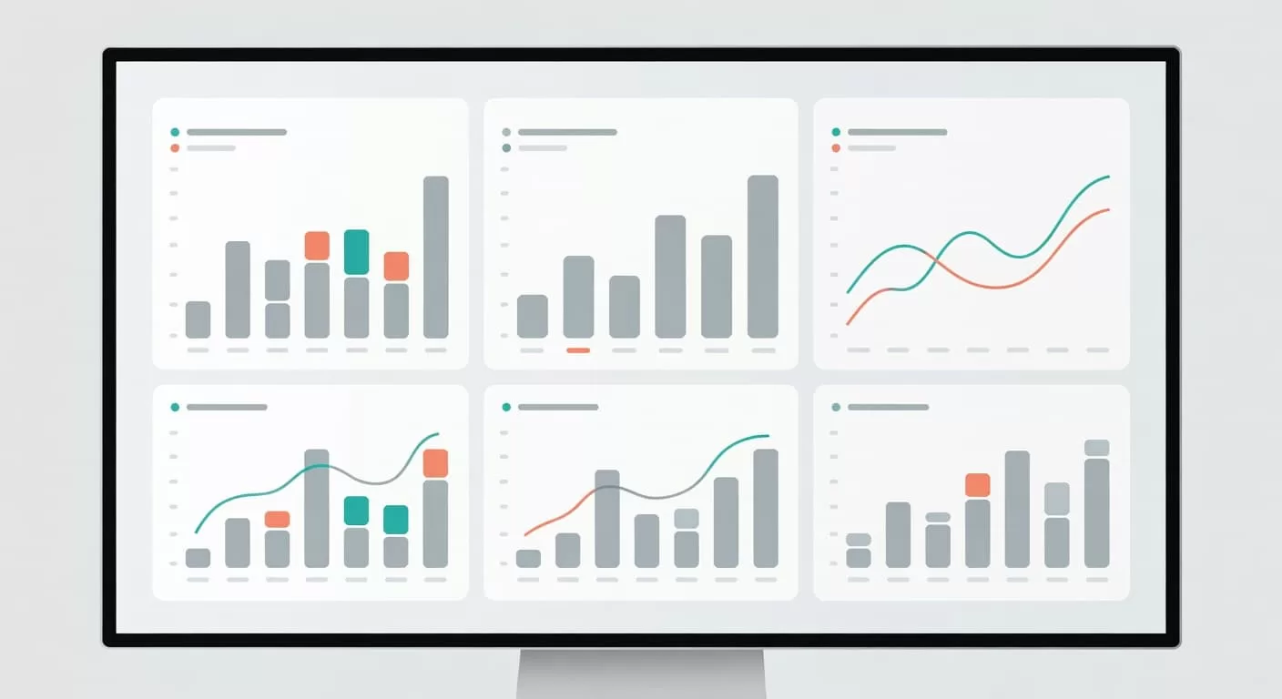 A sleek digital interface displays abstract line graphs and bar charts against a neutral backdrop. Soft blue and green data points highlight key performance metrics within the professional SaaS software layout.
