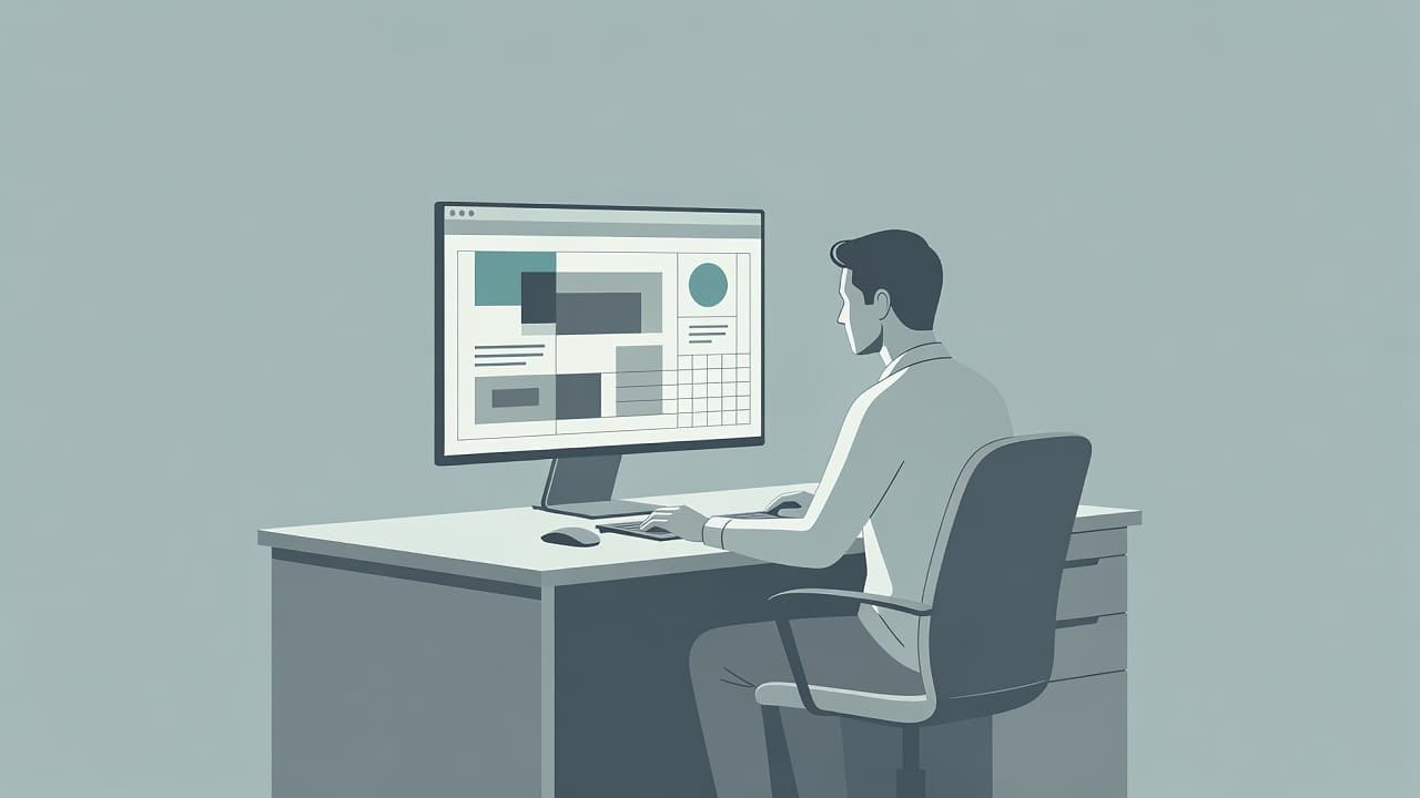 A focused developer sits at a minimalist desk, crafting website interface layouts on a computer screen. Soft ambient lighting highlights clean geometric shapes and neutral colors throughout the workspace environment.