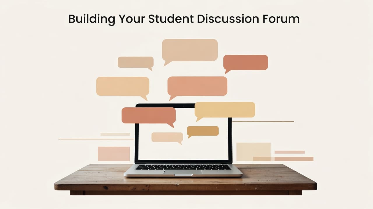 A sleek wooden desk features an open laptop surrounded by floating speech bubbles. The composition utilizes clean lines and warm tones to represent a collaborative online learning environment for modern students.