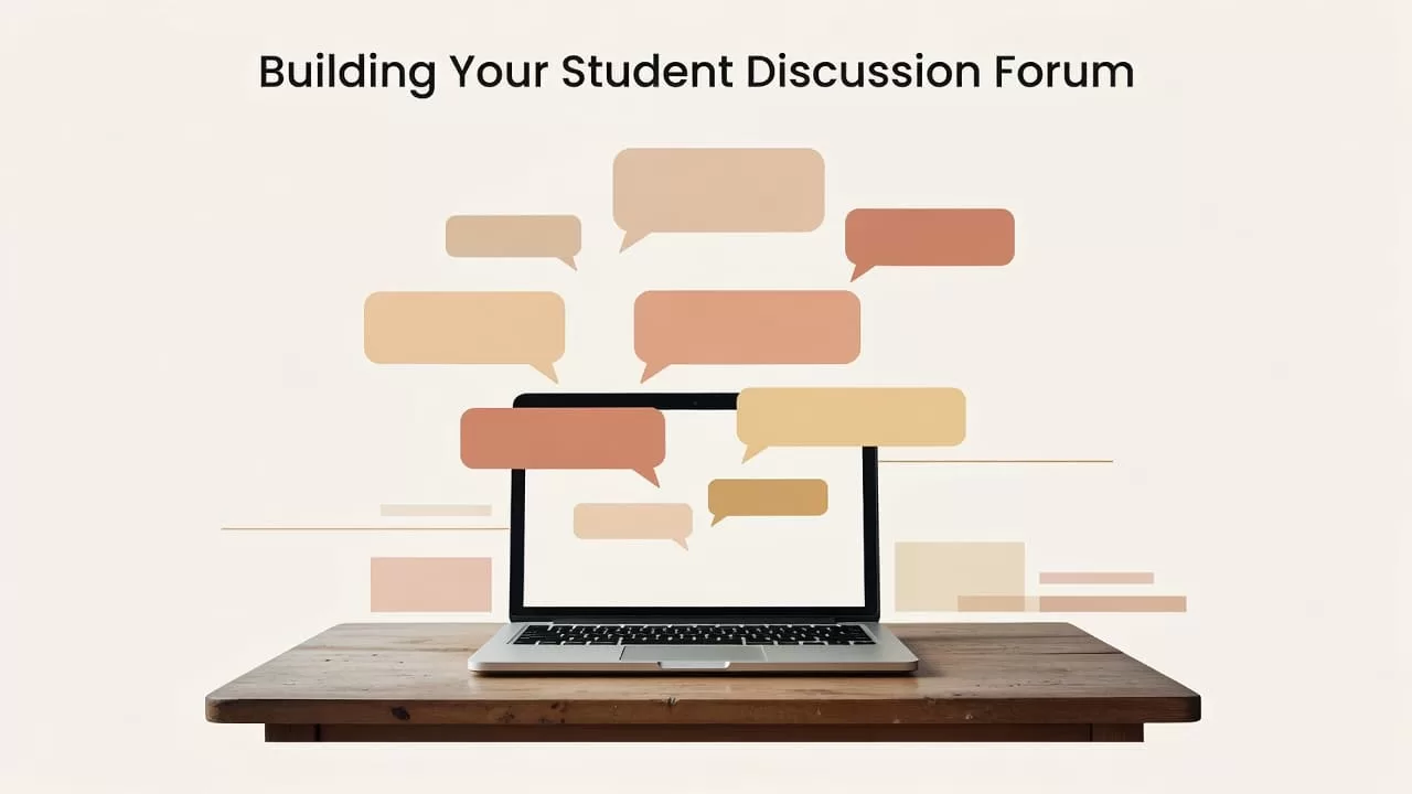 A sleek wooden desk features an open laptop surrounded by floating speech bubbles. The composition utilizes clean lines and warm tones to represent a collaborative online learning environment for modern students.