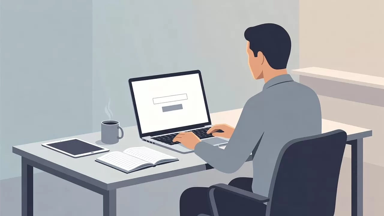 A focused coach sits at a tidy desk containing a laptop, digital tablet, leather notebook, and ceramic mug. The muted color palette enhances the calm, productive atmosphere of this organized office space.