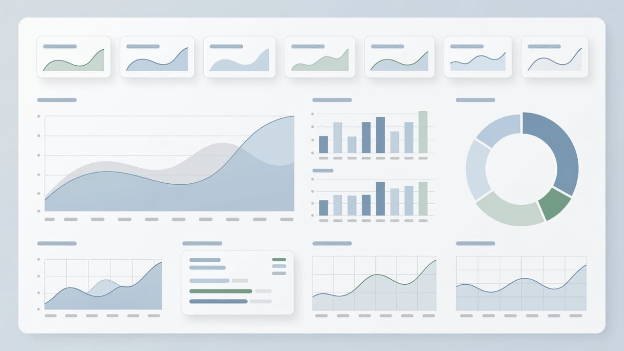 A minimalist digital interface displays colorful bar charts and rounded progress circles against a soft grey background. These geometric shapes represent complex data points arranged in a clean, professional grid layout.