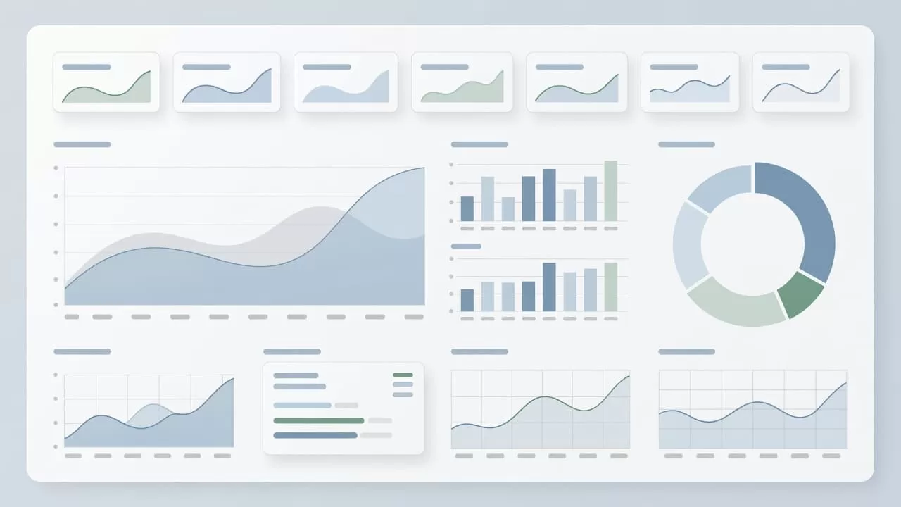 A minimalist digital interface displays colorful bar charts and rounded progress circles against a soft grey background. These geometric shapes represent complex data points arranged in a clean, professional grid layout.