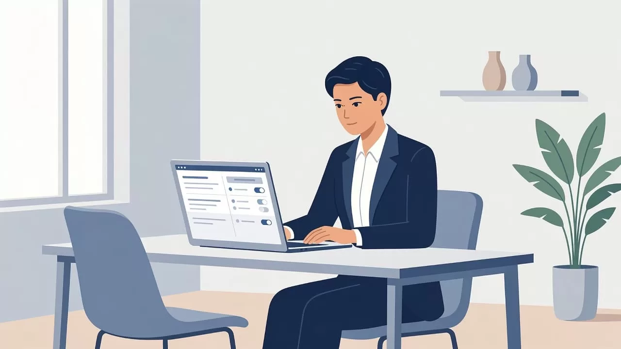 A focused professional sits at a minimalist wooden desk using a laptop to navigate settings. Soft natural light illuminates the clean workspace, highlighting the simple shapes of the modern home office interior.