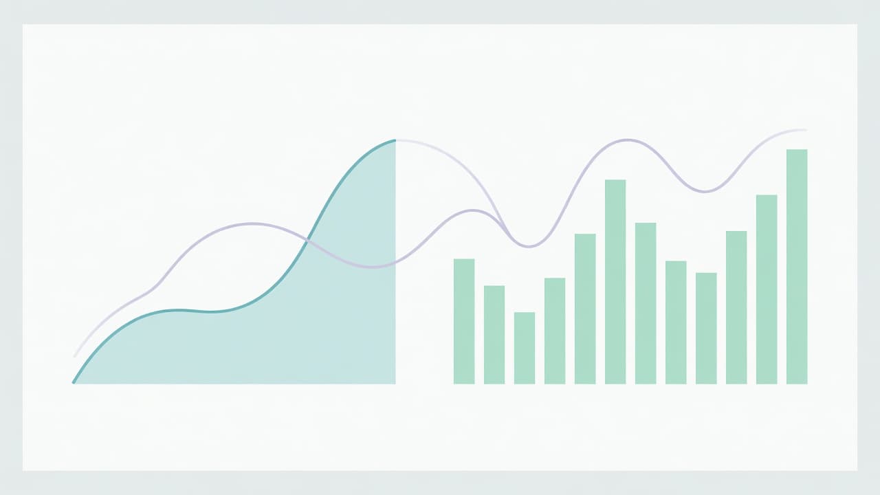 Two luminous data charts with ascending blue and green curves rise in parallel on a minimalist digital screen. Soft gradients highlight their upward trajectory against a clean, uncluttered white background.