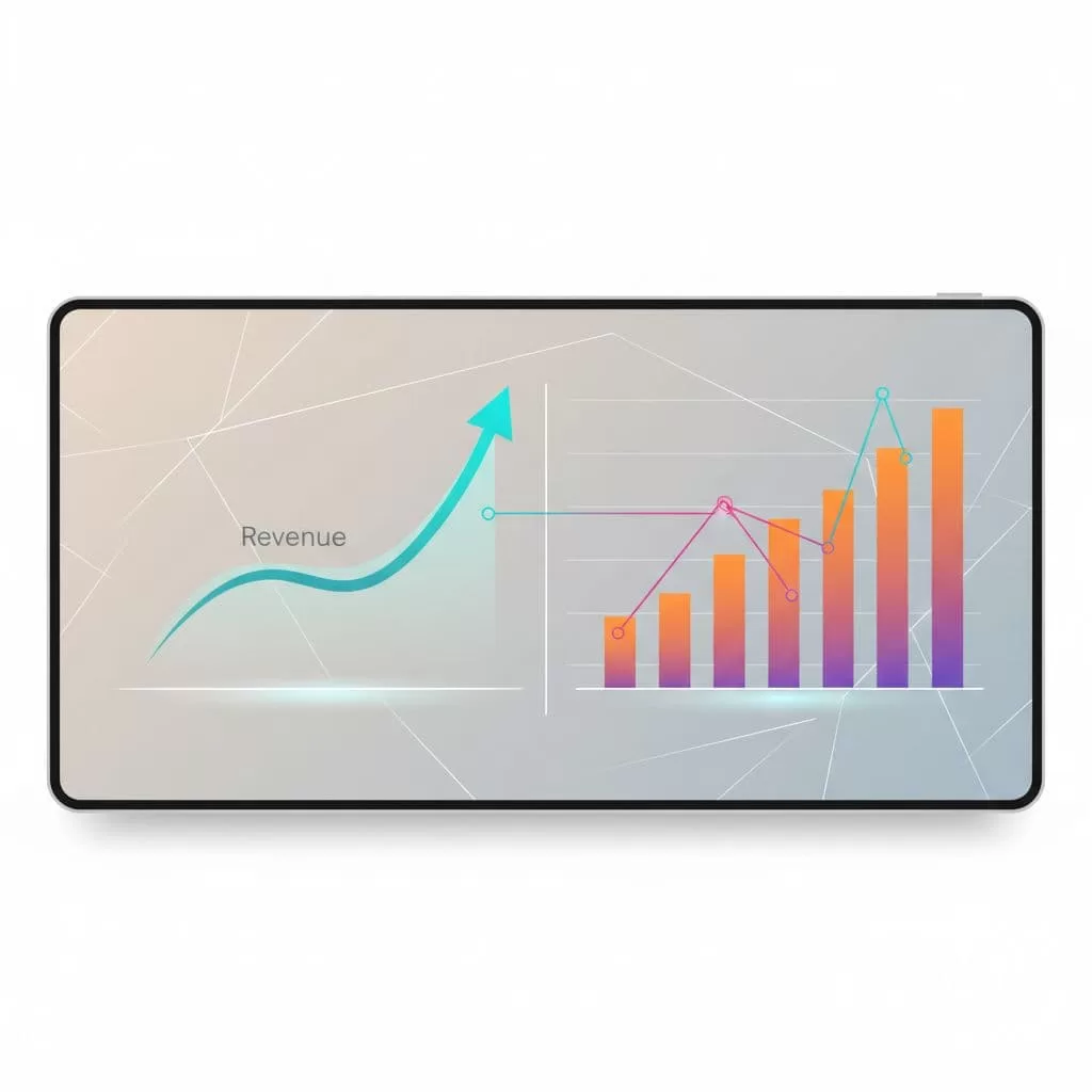 A sleek tablet displays a split-screen interface featuring a glowing upward-trending line graph for revenue alongside colorful vertical bars representing user activity, with thin luminous lines connecting the two data sets.