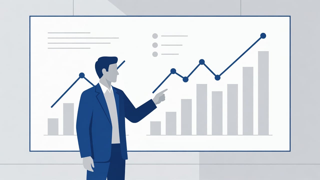 A business professional in professional attire stands before a large wall screen featuring glowing, abstract charts that depict rising performance trends. Minimalist deep blue and gray tones define the sleek workspace environment.