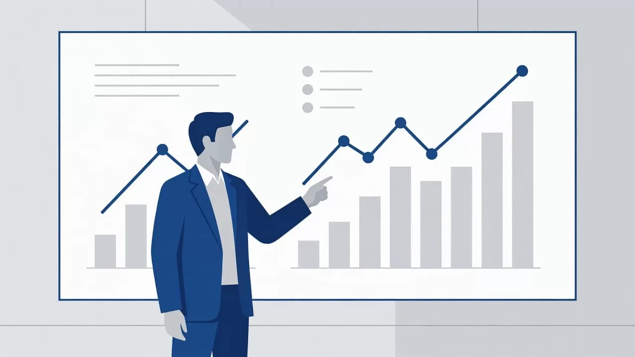 A business professional in professional attire stands before a large wall screen featuring glowing, abstract charts that depict rising performance trends. Minimalist deep blue and gray tones define the sleek workspace environment.