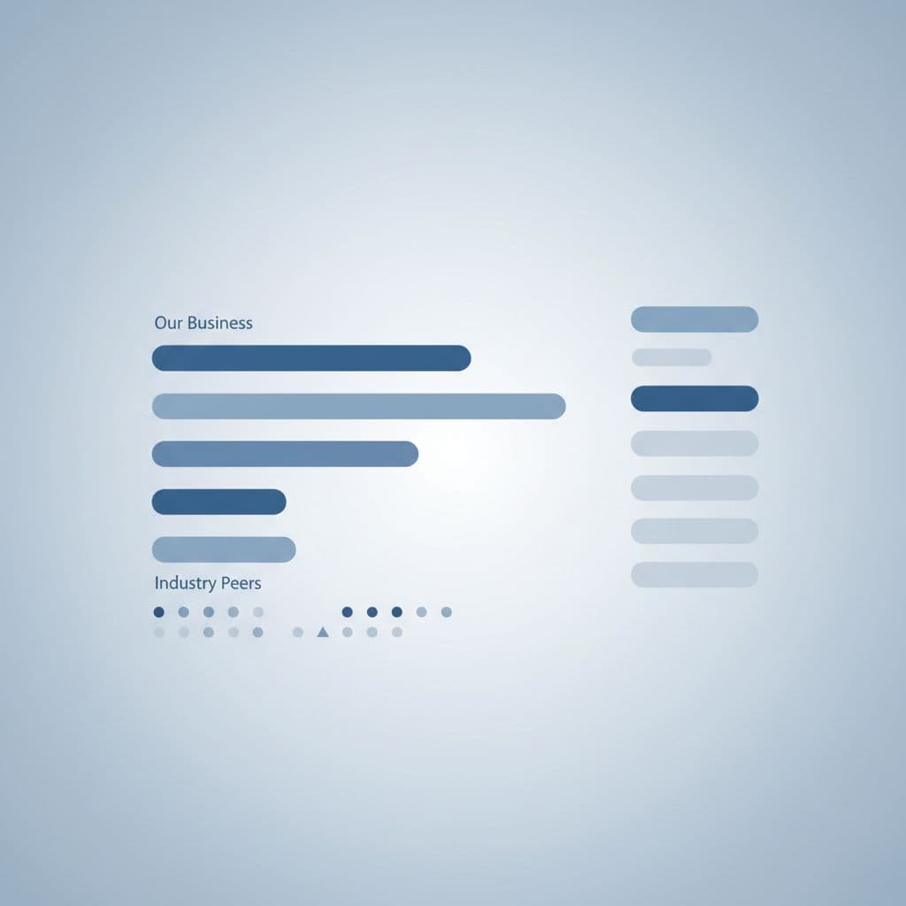 A clean flat design features a prominent blue bar chart displaying analytical comparisons. Muted grey tones background the interface, emphasizing minimalist geometry and structured data visualization for business performance insight.