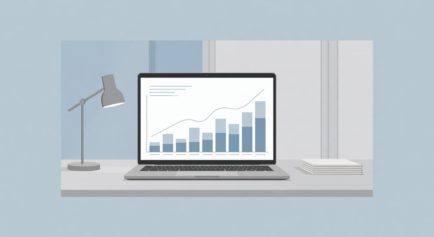 A sleek laptop sits on a minimalist desk displaying a digital interface with abstract bar charts and trend lines. Muted blue and grey tones highlight the organized data visualization screen.
