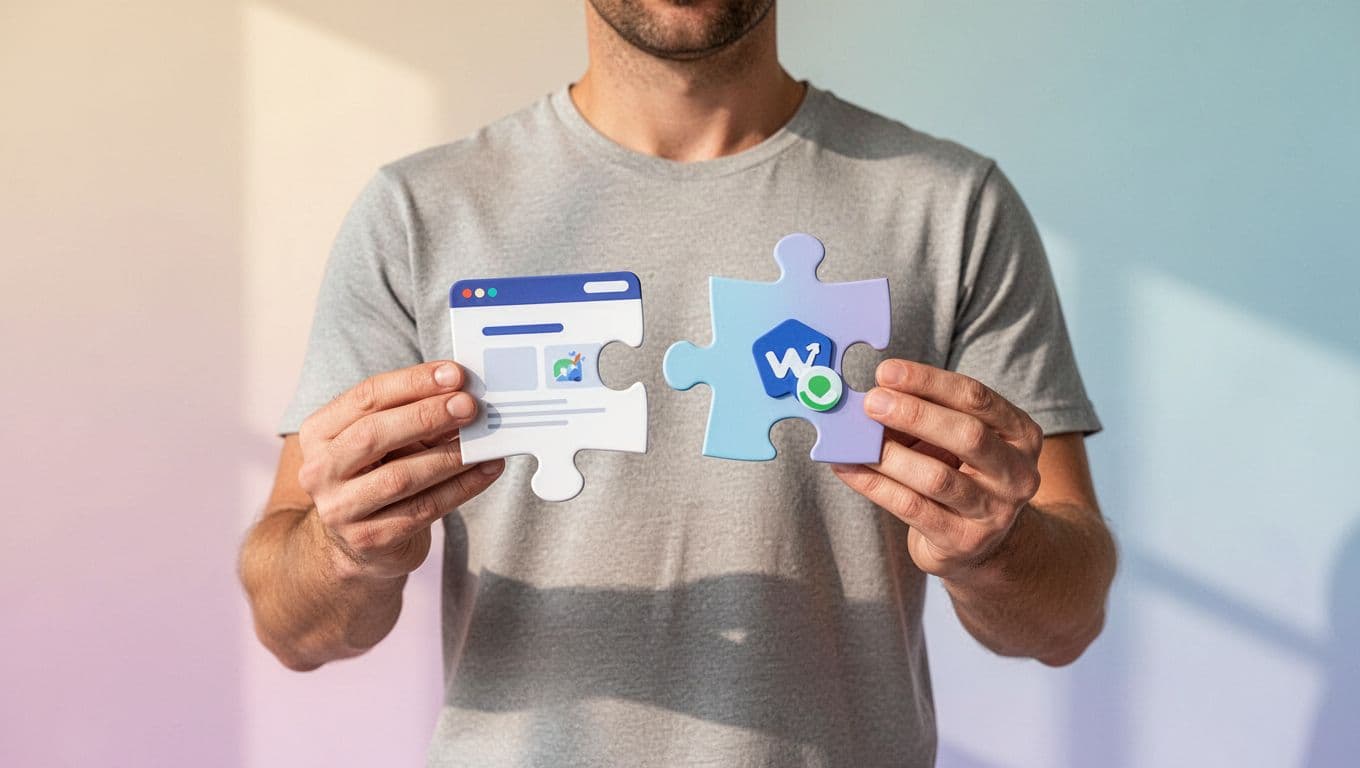 A person fits two large puzzle pieces together, representing the union of a website and software. Soft-colored geometric shapes create a clean, minimalist aesthetic focusing on problem solving and platform connectivity.