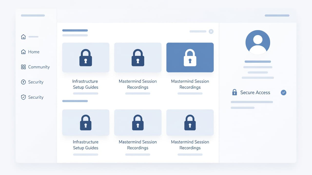 A sleek digital interface features muted blue tones and minimal navigation bars. Secure profile areas and locked content icons are arranged with clean geometric shapes to organize private mastermind group resources.