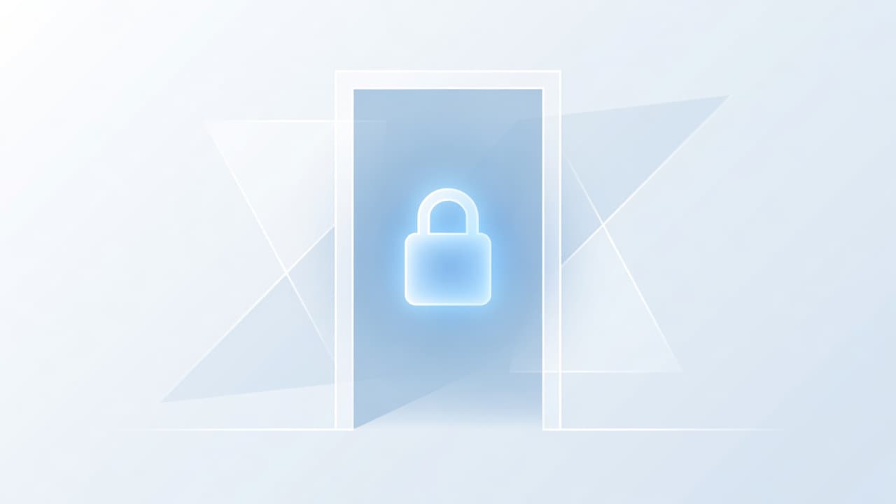 A glowing padlock icon floats within a stylized digital doorway against a minimalist background of soft blue geometric shapes. This professional graphic illustrates a secure, restricted access point for members.