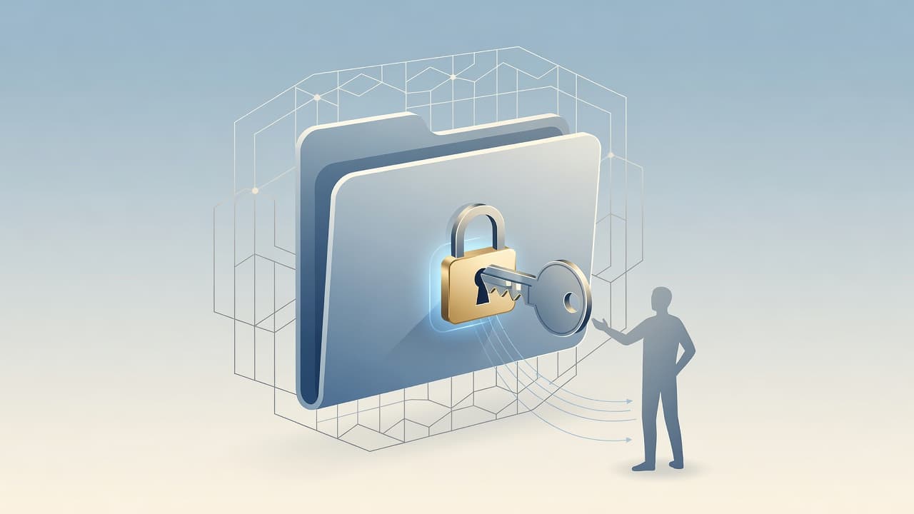A stylized golden key hovers near a closed blue folder on a clean, soft-toned background. Geometric shapes surround the objects to signify gated security protocols for protected member-only web resources.