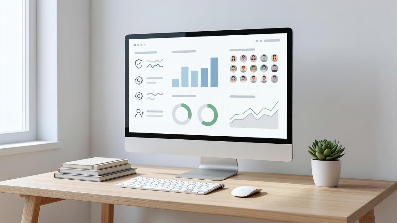 A computer screen displays a minimalist interface featuring interactive charts and user management icons for community organization. This digital dashboard rests on a tidy desk within a brightly lit office setting.