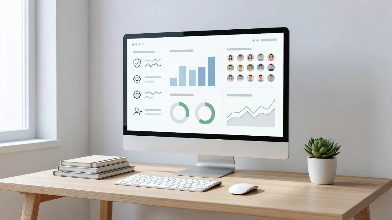 A computer screen displays a minimalist interface featuring interactive charts and user management icons for community organization. This digital dashboard rests on a tidy desk within a brightly lit office setting.