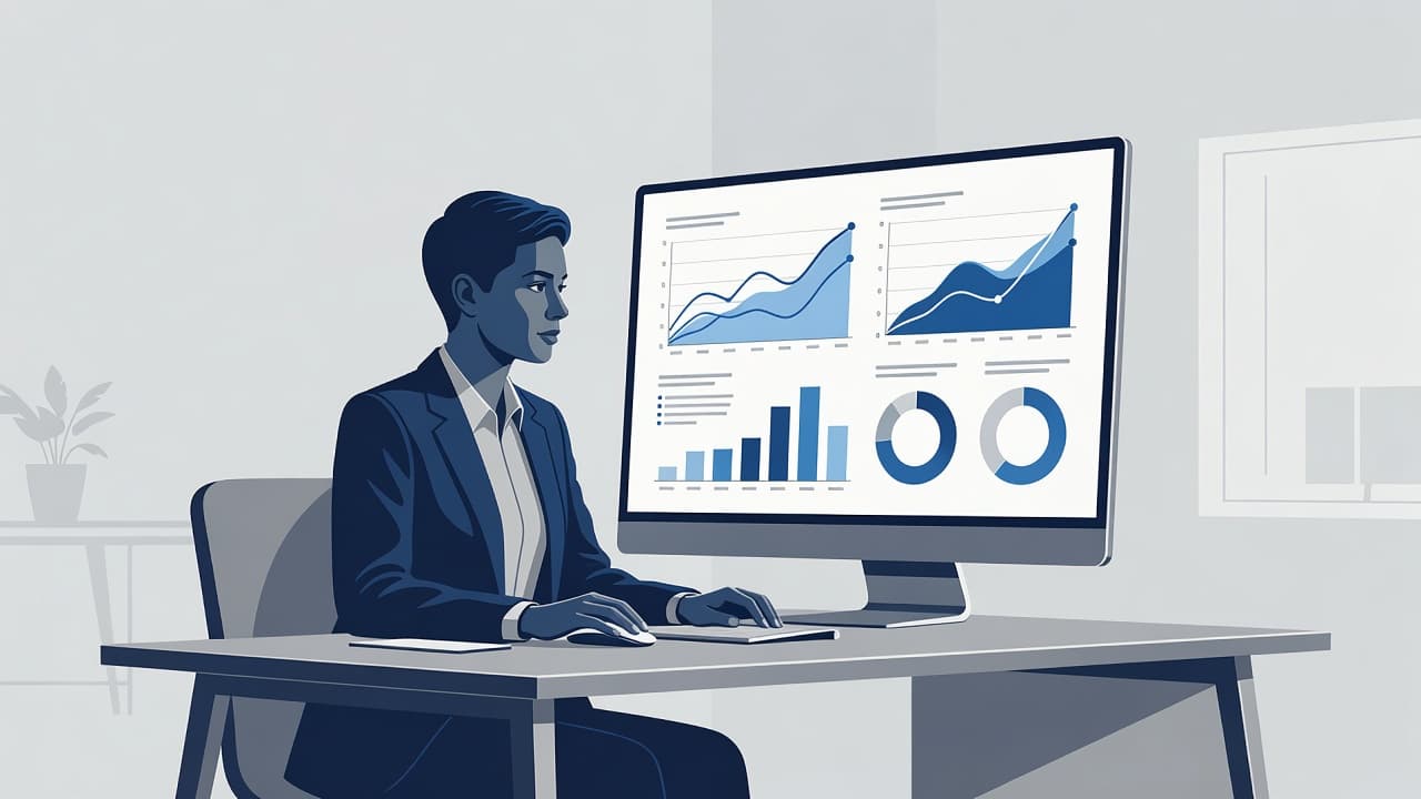 A professional sits at a desk viewing complex performance charts on a large computer screen. The clean composition uses cool shades of blue and gray to emphasize data-driven decision making.