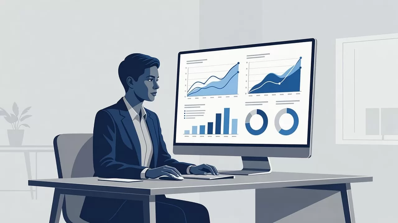 A professional sits at a desk viewing complex performance charts on a large computer screen. The clean composition uses cool shades of blue and gray to emphasize data-driven decision making.