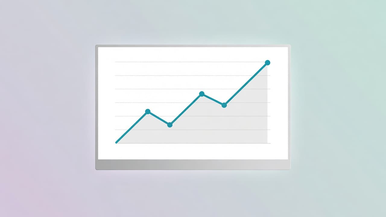 A stylized computer monitor features a rising financial graph against a soft minimalist backdrop. Sharp geometric shapes define the trend line, emphasizing steady upward progress for digital membership subscription services.