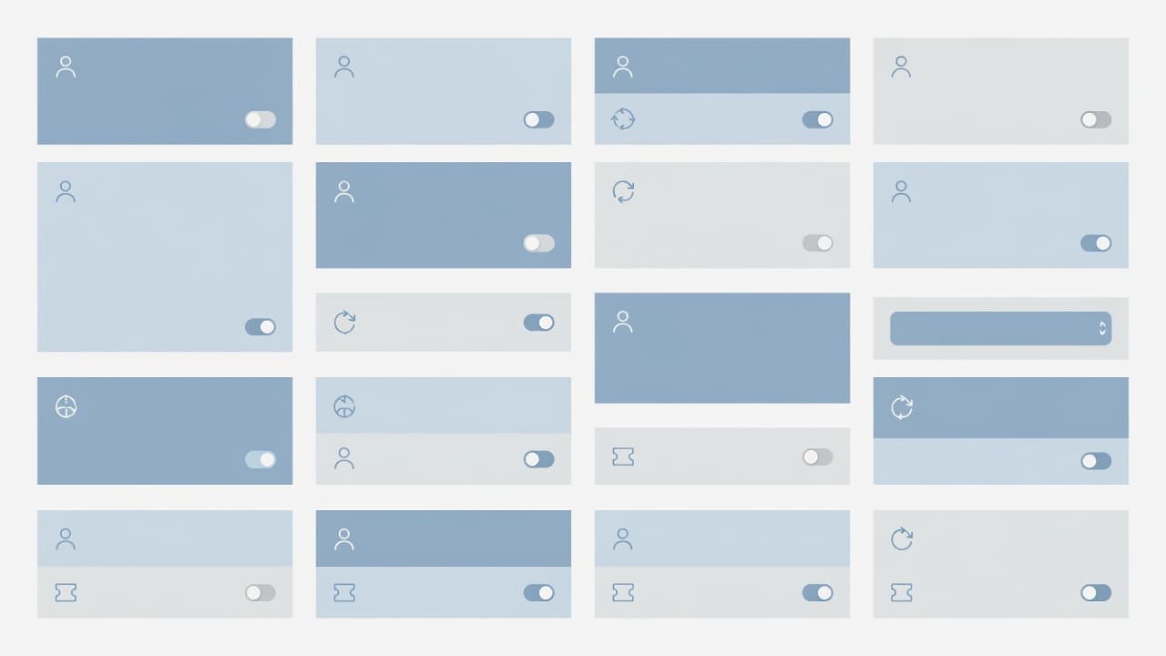The minimalist interface displays organized rows of membership settings featuring rounded soft blue icons against a neutral grey background. These abstract shapes represent various coupon management controls in a professional layout.