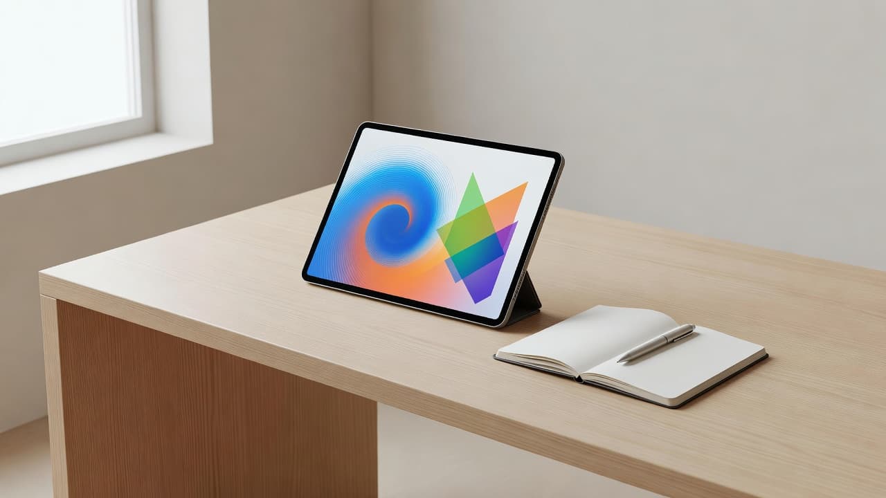 A sleek minimalist desk features a digital tablet displaying vibrant financial data charts beside an open paper notebook. Soft daylight fills the professional workspace, highlighting organized geometric shapes and tools.
