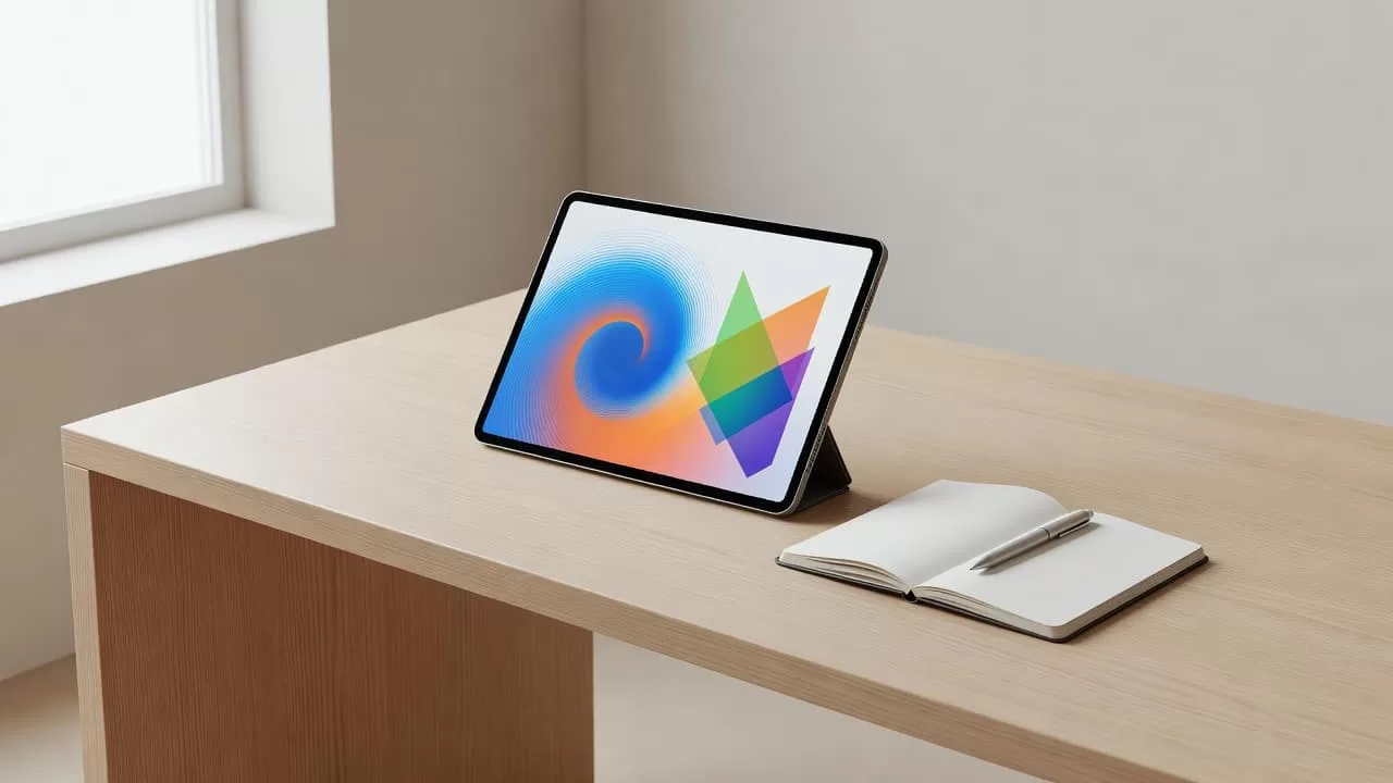 A sleek minimalist desk features a digital tablet displaying vibrant financial data charts beside an open paper notebook. Soft daylight fills the professional workspace, highlighting organized geometric shapes and tools.