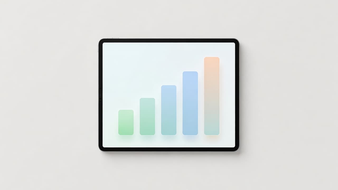 A sleek tablet displays a glowing bar chart showing an upward trend with clean geometric shapes. The surrounding area features soft pastel colors, creating a professional and tranquil workspace environment.