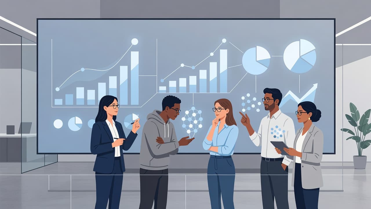 A group of professionals stands before a glowing digital screen filled with abstract data shapes and metrics. The clean blue and gray composition emphasizes collaboration and clear insight through modern design.