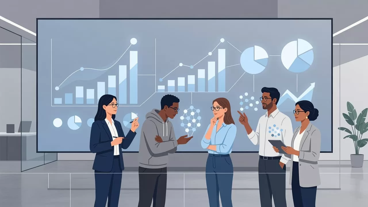 A group of professionals stands before a glowing digital screen filled with abstract data shapes and metrics. The clean blue and gray composition emphasizes collaboration and clear insight through modern design.