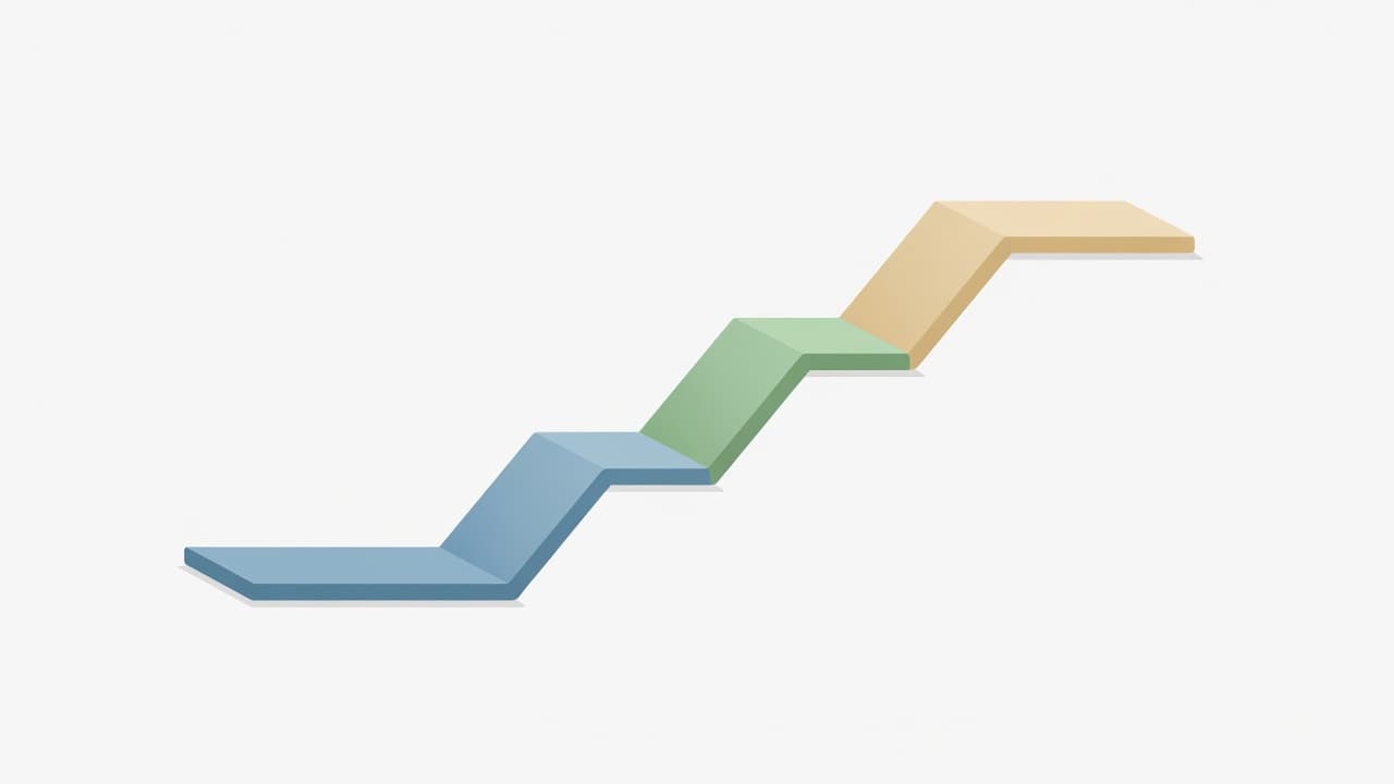Three distinct geometric platforms ascend upward in a staggered, ladder-like formation against a clean, neutral backdrop. The simple design uses a muted color palette to emphasize the rising value of each level.