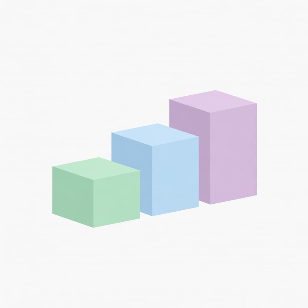 Three geometric pillars stand side by side in a clean horizontal row, each featuring soft pastel gradients. The stepped height arrangement creates a simple, minimalist visual representation of subscription service levels.