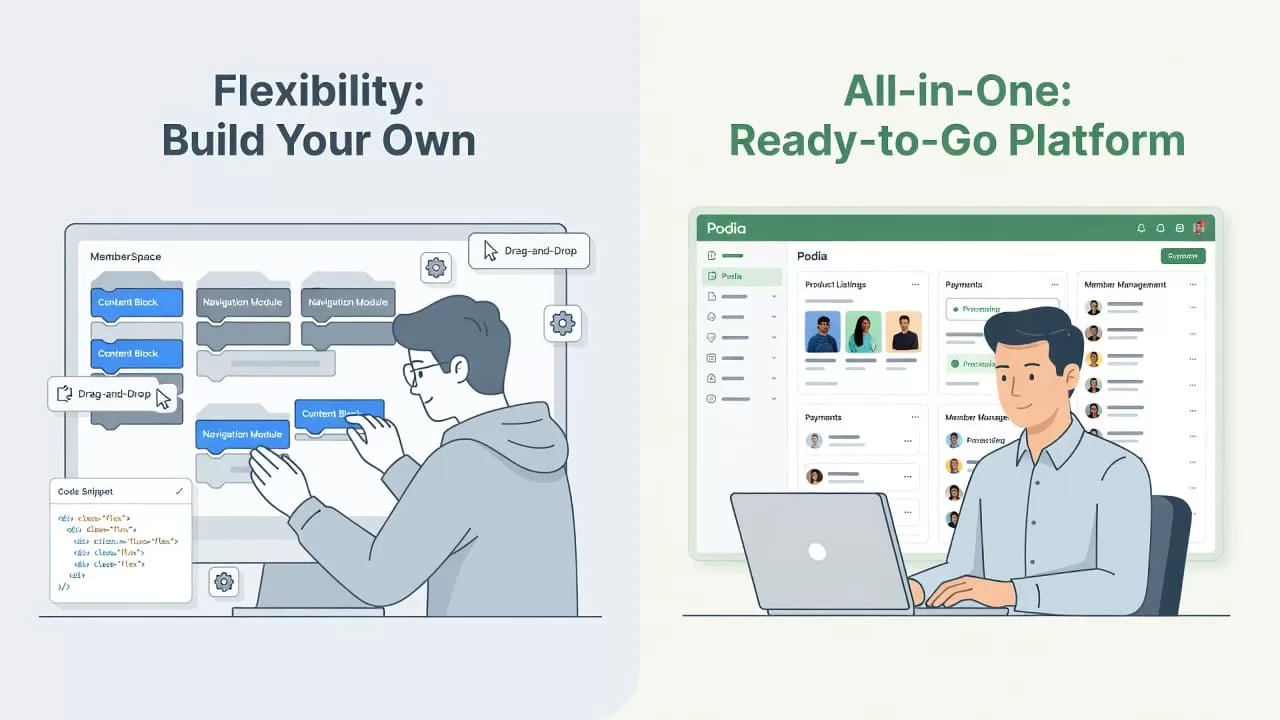 A split composition shows a modular workspace for building custom websites on the left and a streamlined, all-in-one digital control dashboard on the right. Soft-toned icons illustrate two distinct creator workflows.