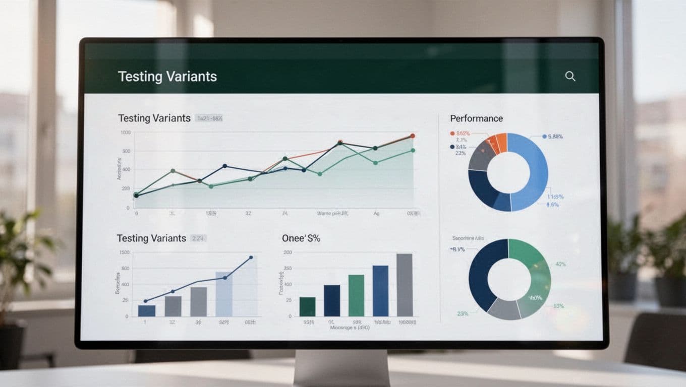 A minimalist digital dashboard with analytics and variant testing metrics.