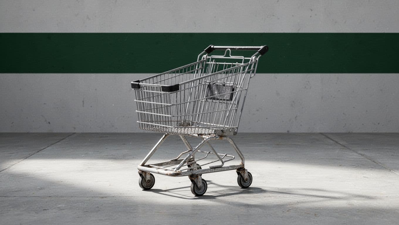 An empty metal shopping cart sits alone on a clean concrete floor in front of a dark green header.