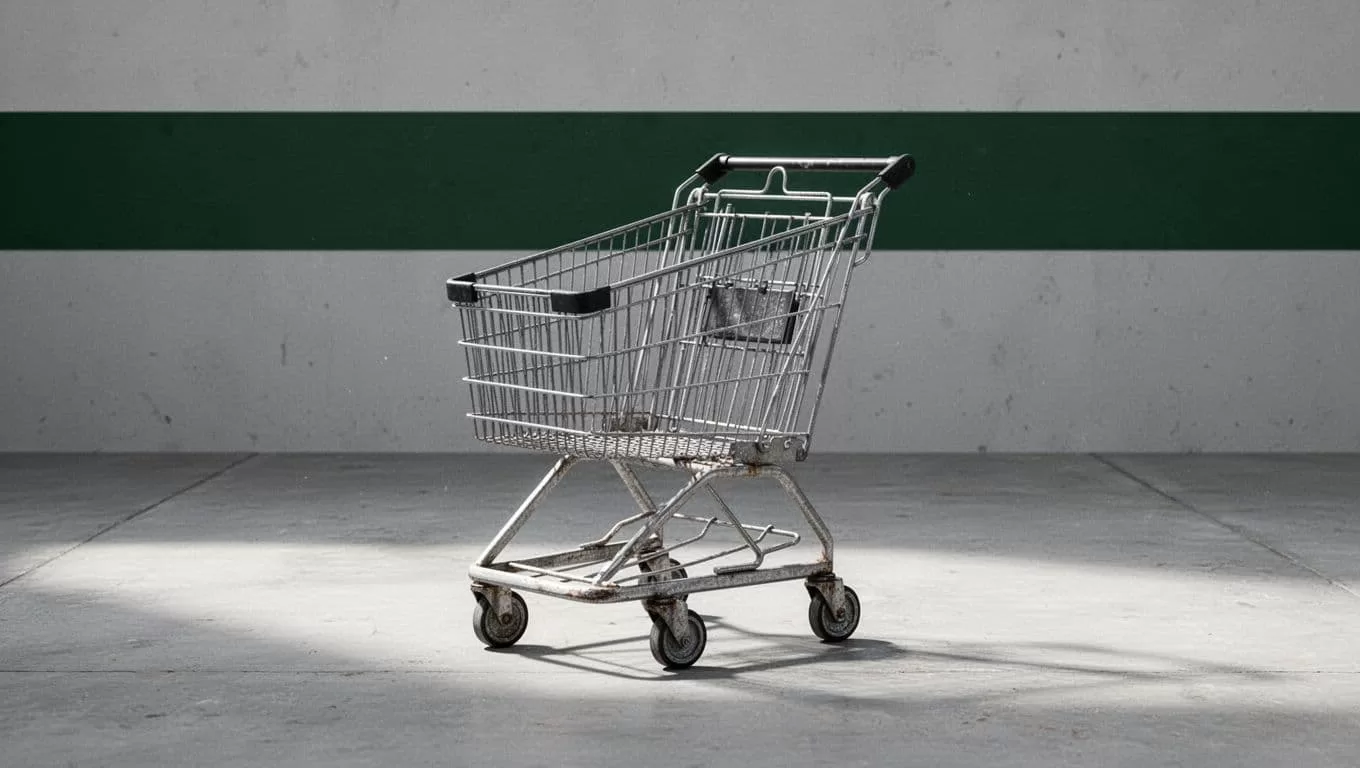 An empty metal shopping cart sits alone on a clean concrete floor in front of a dark green header.