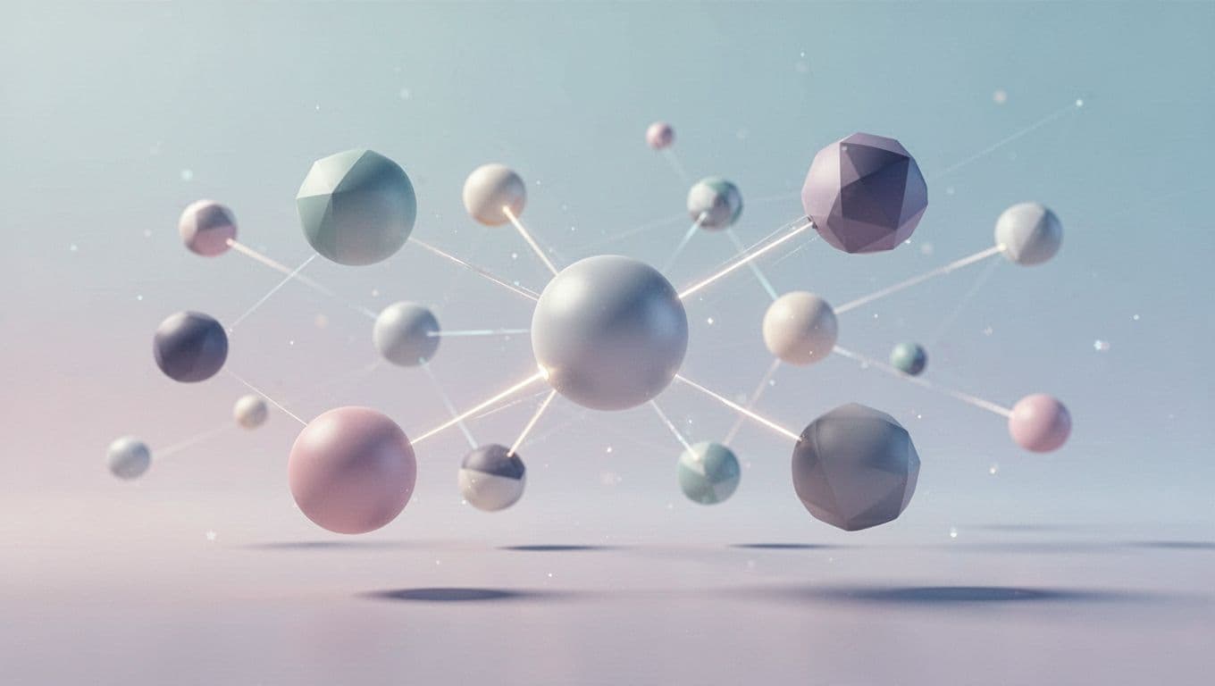 Interconnected spheres and thin geometric lines float across a clean, airy background. These soft-toned nodes create a structured web representing complex information pathways and systematic analysis of professional digital data.