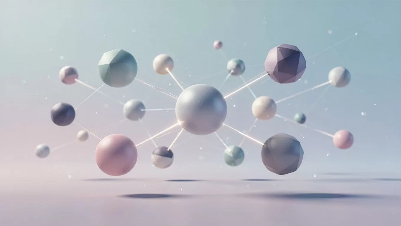 Interconnected spheres and thin geometric lines float across a clean, airy background. These soft-toned nodes create a structured web representing complex information pathways and systematic analysis of professional digital data.