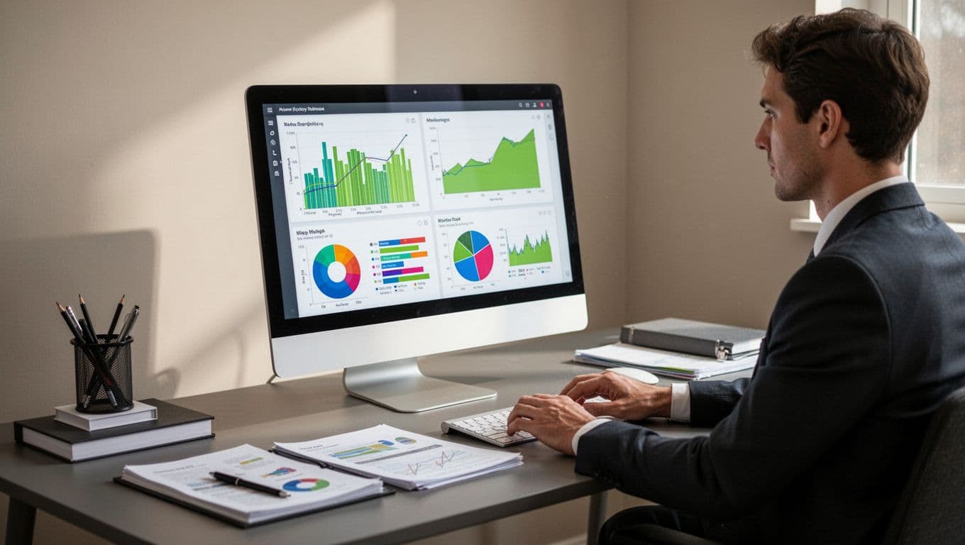 A person looking at data charts and structured notes on a computer monitor.