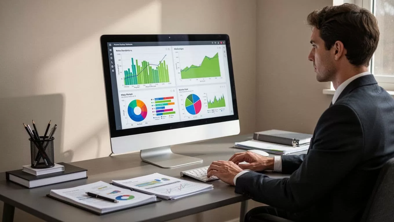 A person looking at data charts and structured notes on a computer monitor.