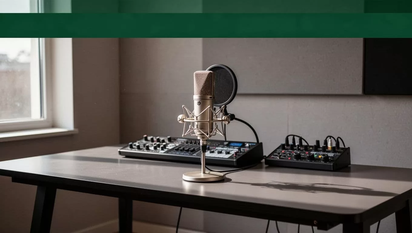 A studio desk with a microphone positioned beneath a dark green accent setup banner.