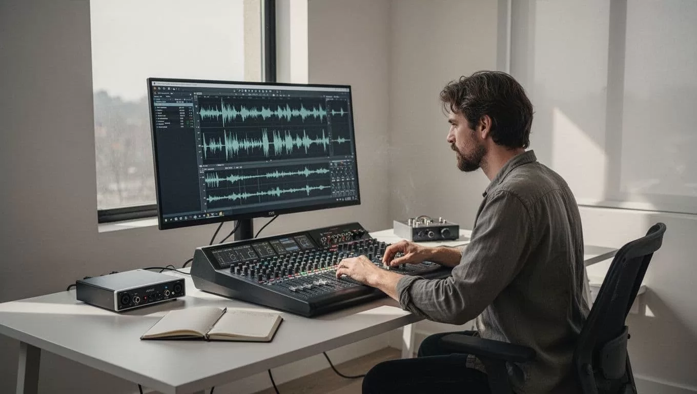 An organized desk with audio editing equipment and accessibility documents.