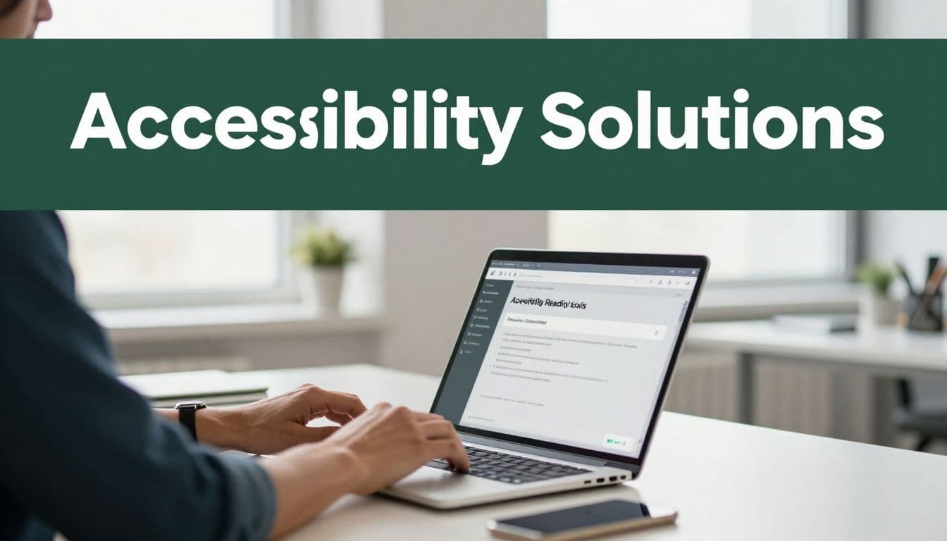 A sleek laptop sits on an organized minimalist desk featuring a dark green header bar with bold white text. Natural daylight streams across the workspace, highlighting the clean, professional equipment setup.