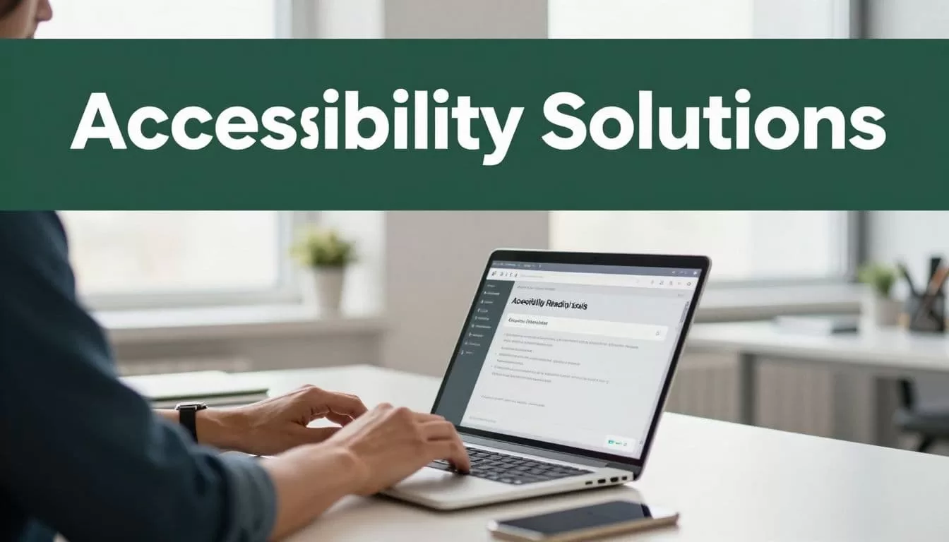 A sleek laptop sits on an organized minimalist desk featuring a dark green header bar with bold white text. Natural daylight streams across the workspace, highlighting the clean, professional equipment setup.