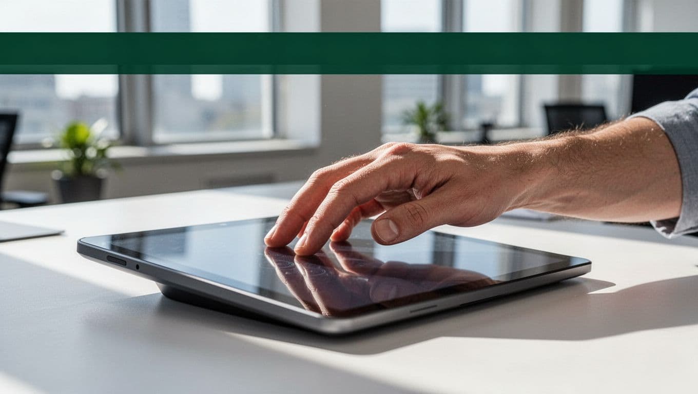 A person rests their hand on a smartphone placed on a clean desk. A prominent dark-green header band features bold white text labeling the display as a suite of accessibility tools.